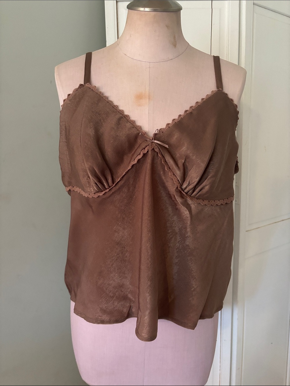 Brown Satin Like-Lace Trim Camisole